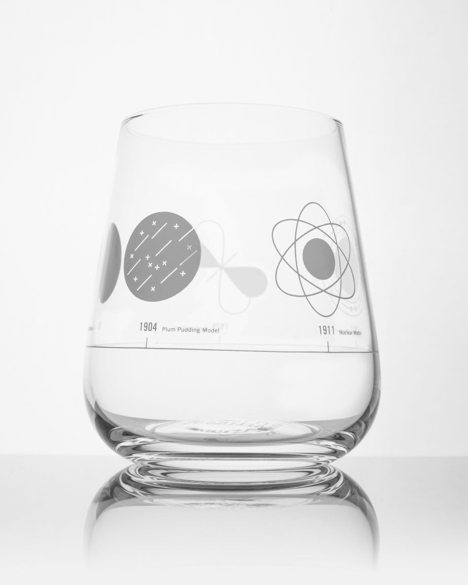 A Cognitive Surplus Atomic Models Wine Glass with an image of an atom on it.
