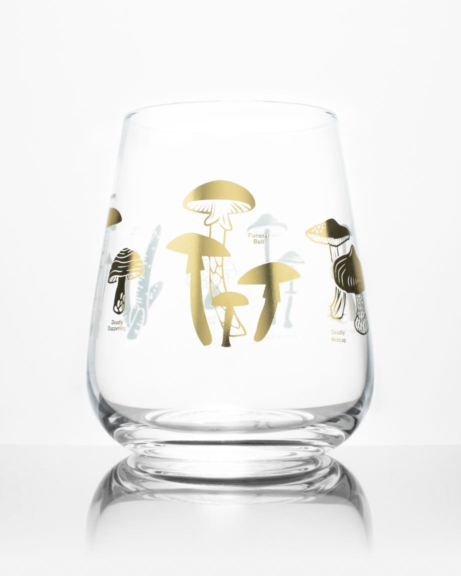 A SECONDS: Poisonous Mushrooms wine glass with a mushroom design on it, by Cognitive Surplus.