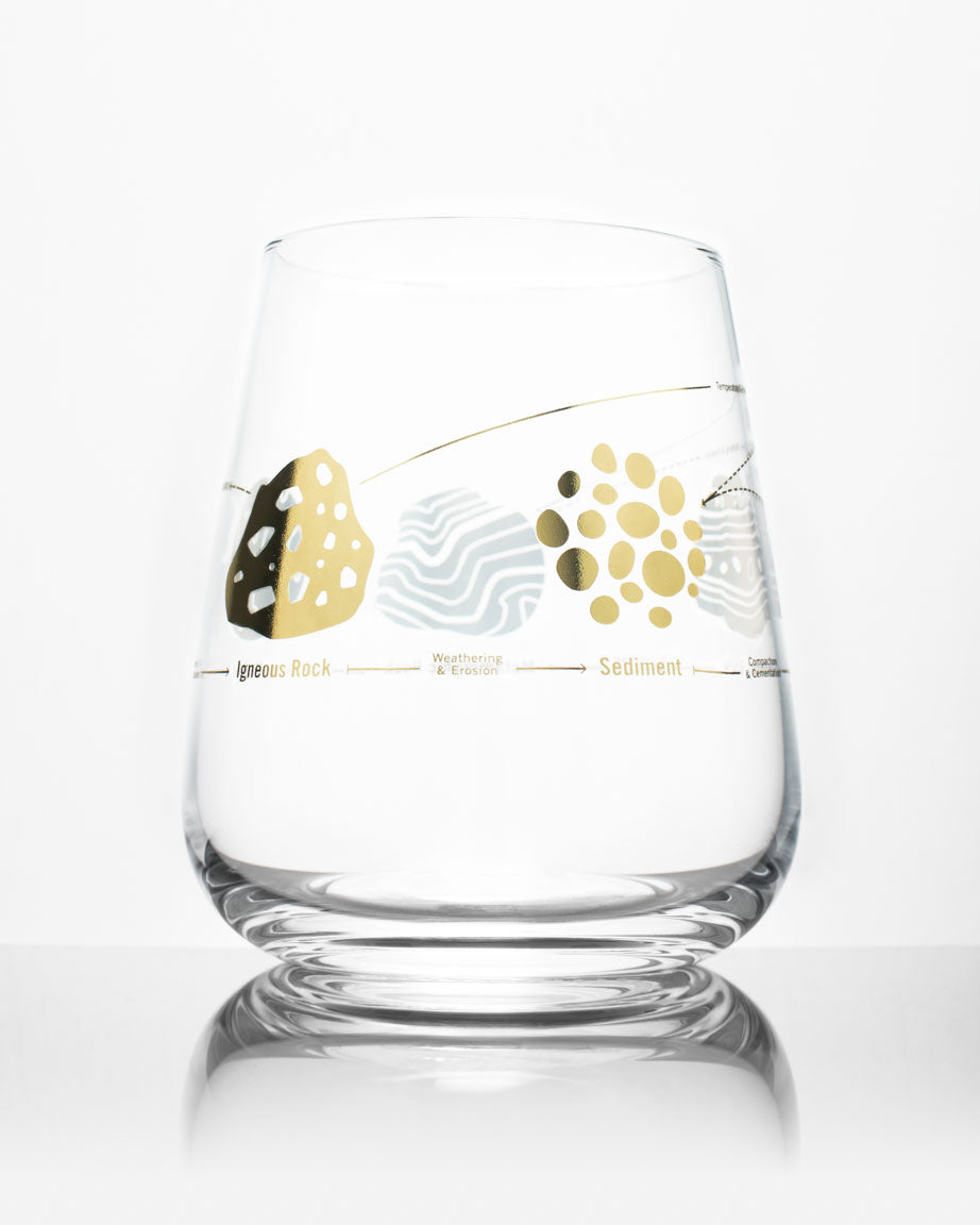 A SECONDS: Rock Cycle Wine Glass with a gold design on it by Cognitive Surplus.