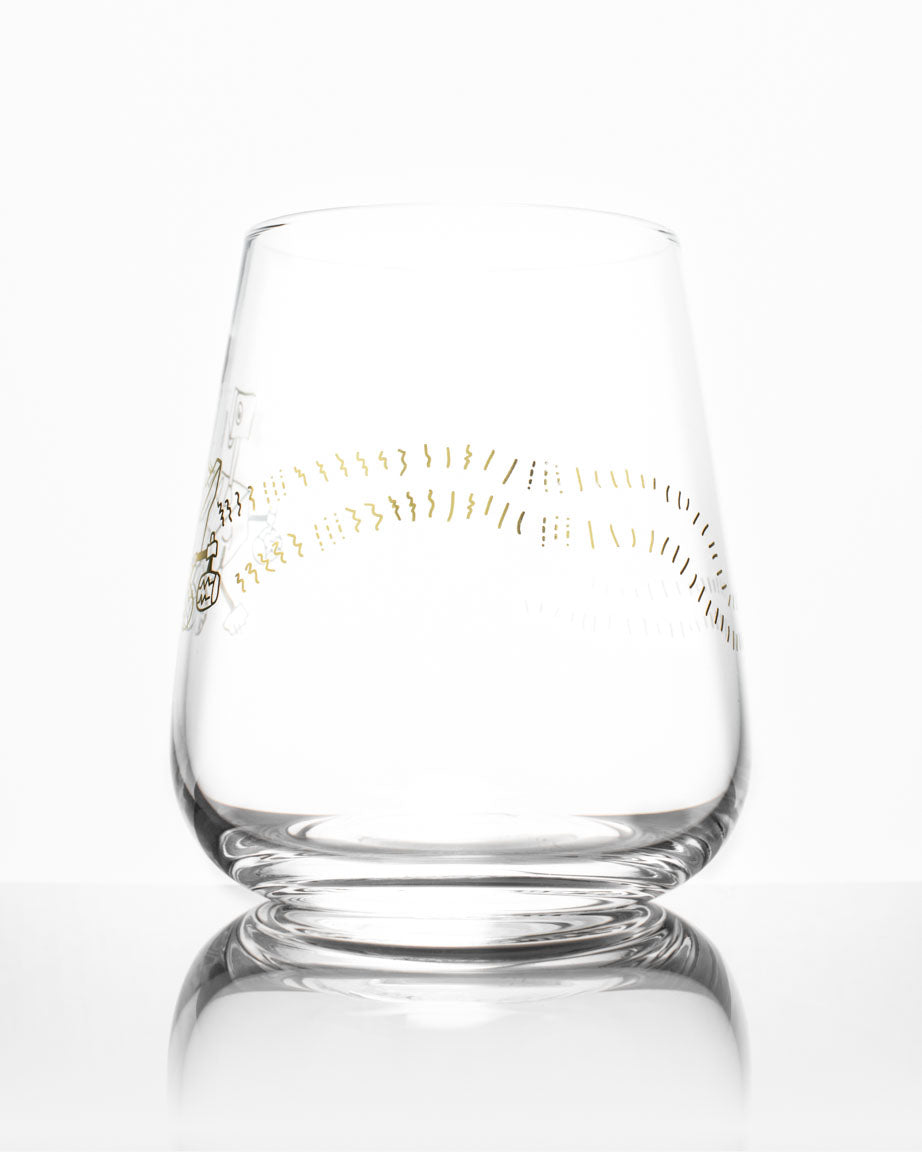 A Mars Rover Perseverance Wine Glass with a gold design on it made by Cognitive Surplus.