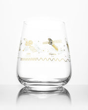 A SECONDS: Space Telescopes Wine Glass with a gold and silver design on it by Cognitive Surplus.