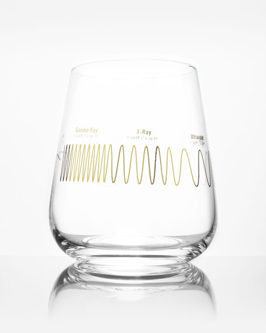 A SECONDS: Electromagnetic Spectrum Wine Glass with a gold wave pattern on it by Cognitive Surplus.