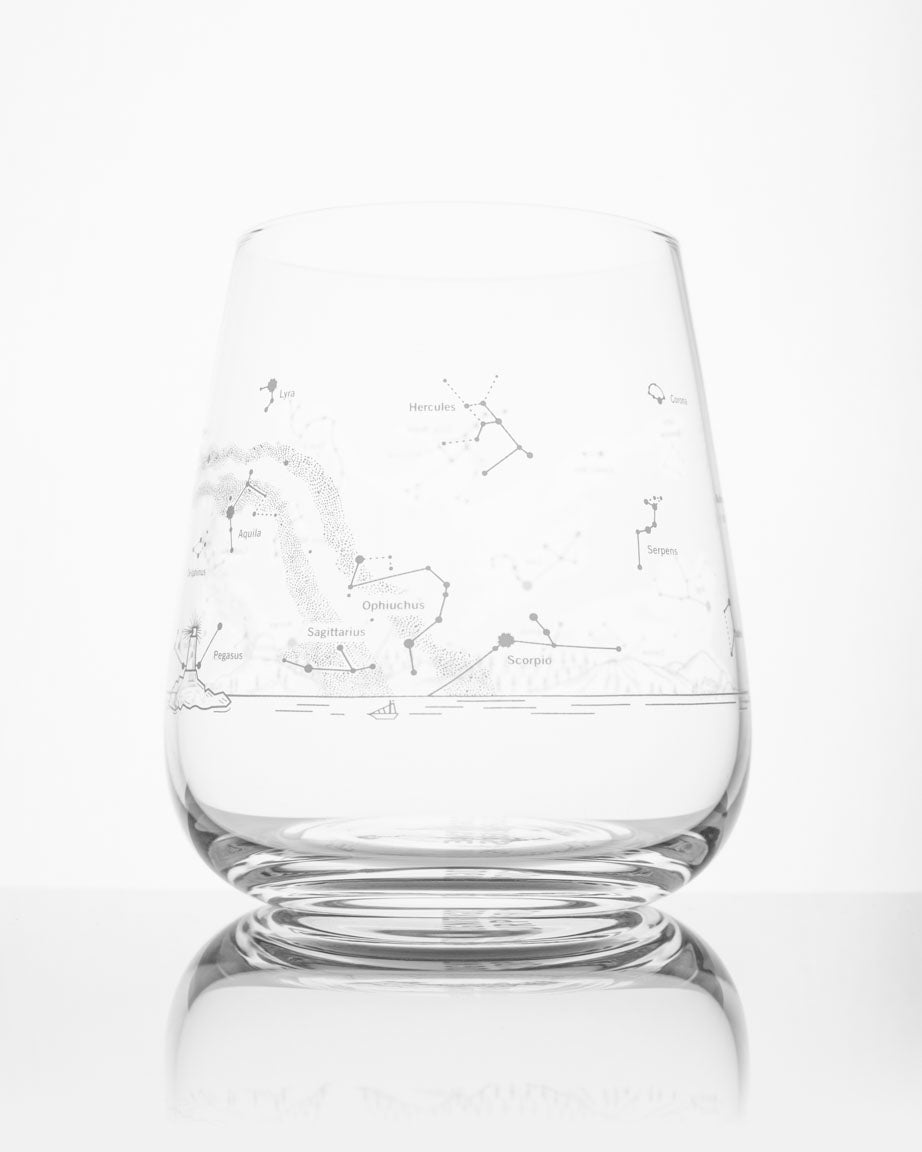 A Night Sky Star Chart Wine Glass with a constellation design on it, from Cognitive Surplus.