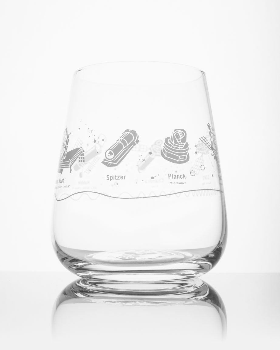 A SECONDS: Space Telescopes Wine Glass with a drawing of a boat on it, by Cognitive Surplus.