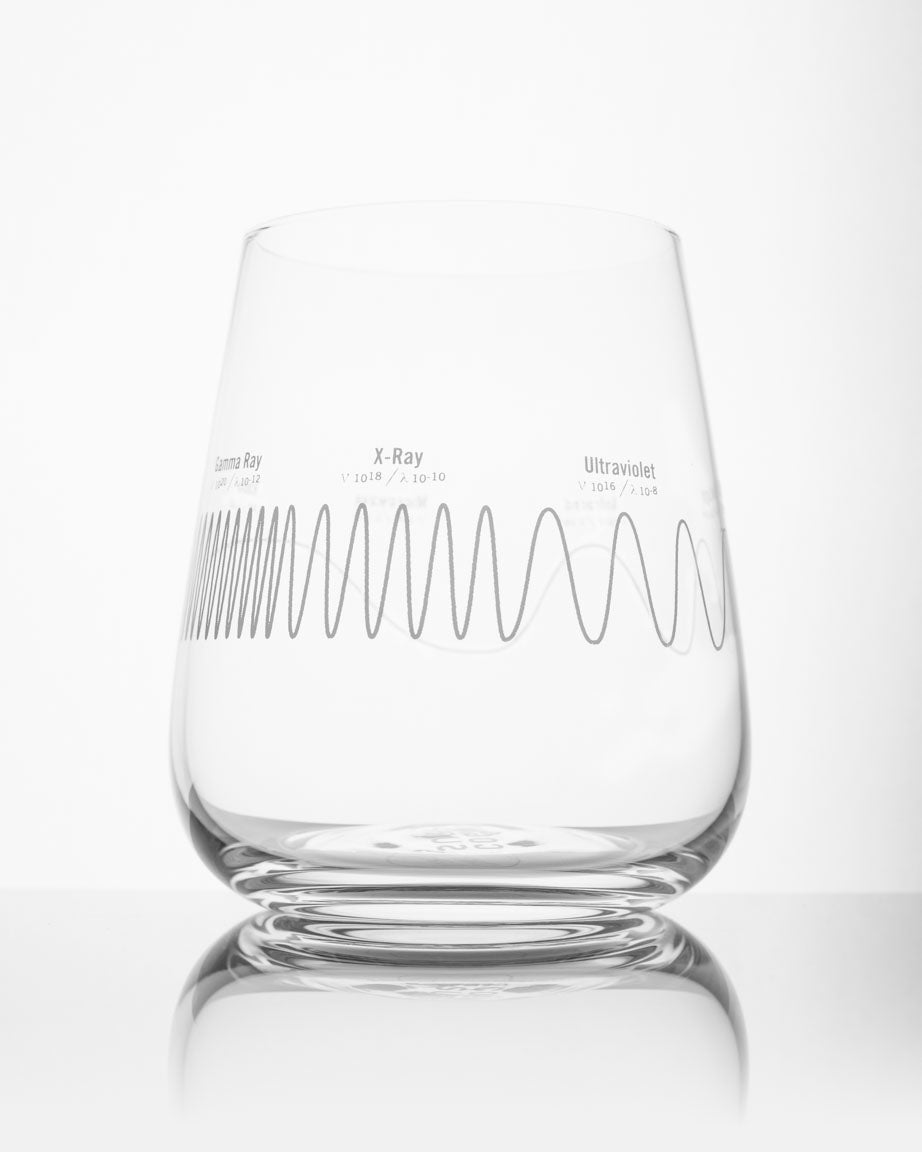 A SECONDS: Electromagnetic Spectrum Wine Glass by Cognitive Surplus with a wave pattern on it.