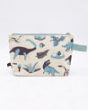 A blue and white SECONDS: Retro Paleontology Pencil Bag with dinosaurs on it, by Cognitive Surplus.